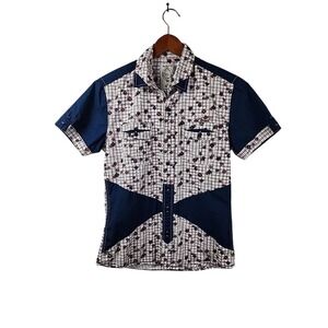 Diesel Co Kids Short Sleeve Button Down Shirt Navy White Grid‎ Floral Size L